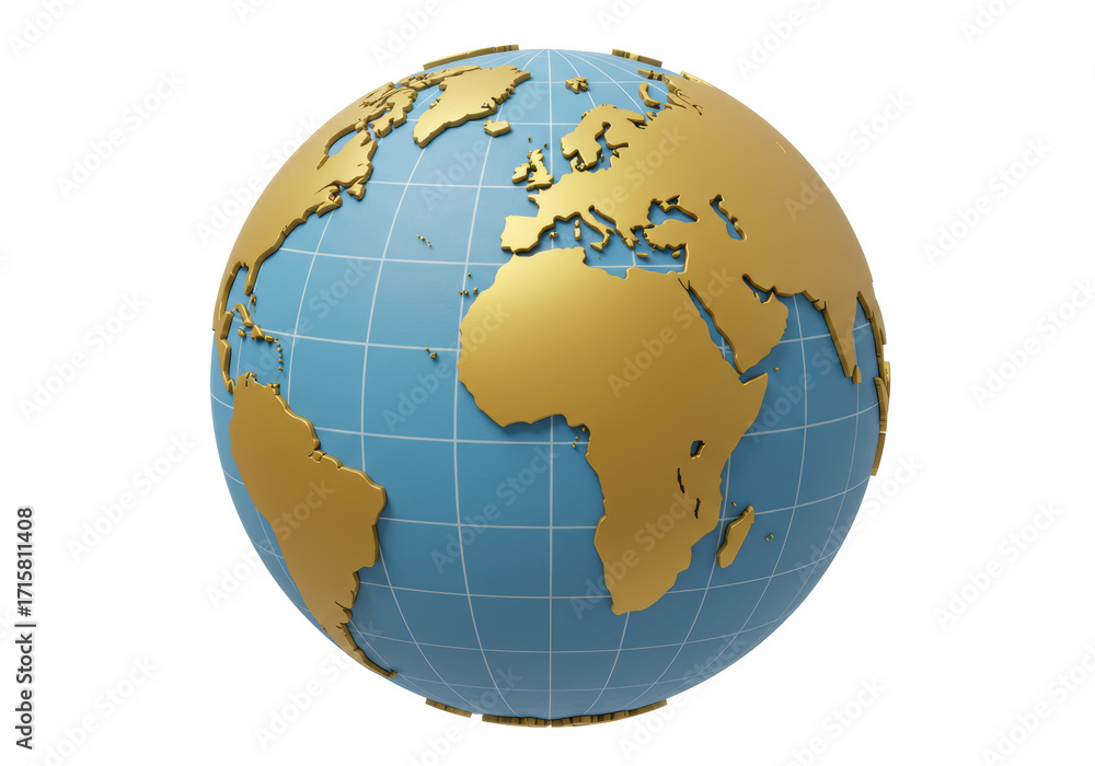 Fototapeta premium Isolated gold and blue planet Earth globe depicting Europe, Africa, and South America