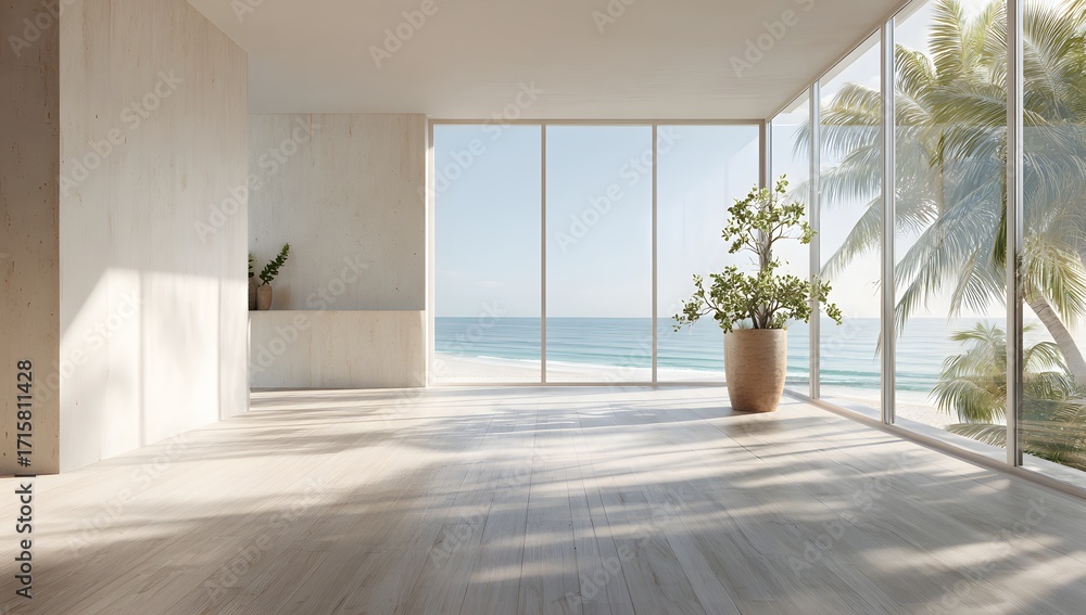 Fototapeta premium Scenic view of an empty contemporary room with large floor to ceiling glass windows overlooking a peaceful tropical ocean vista and natural wood flooring
