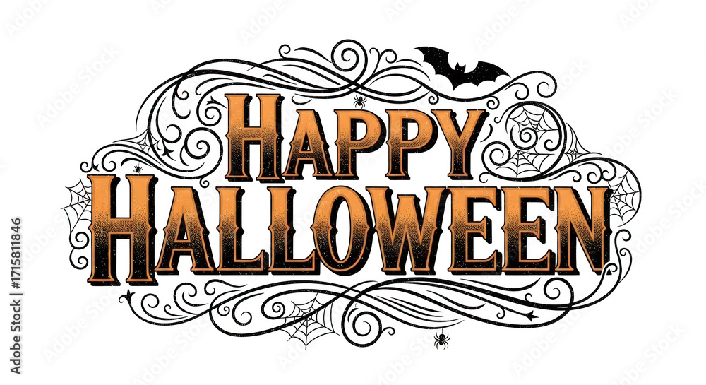 Obraz premium Vintage Happy Halloween text with bat isolated on transparent background