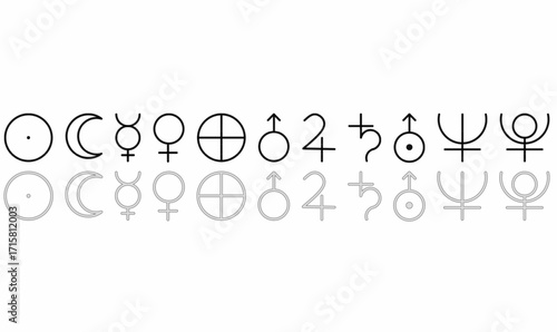 Planet symbols vector set with reflection effect. Sun, Moon, Mercury, Venus, Earth, Mars, Jupiter, Saturn, Uranus, Neptune, Pluto icons for astronomy and astrology.astrological sign icon.