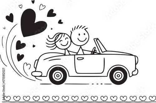 Love Journey in a Convertible: A whimsical illustration of a couple, radiating joy and affection, embarking on a romantic journey in a classic convertible. Surrounded by hearts.