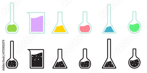 Conical flask glass ware laboratory equipment icon set vector illustration.