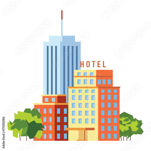 Hotel Apartment Office Building Landscape with Cityscape.