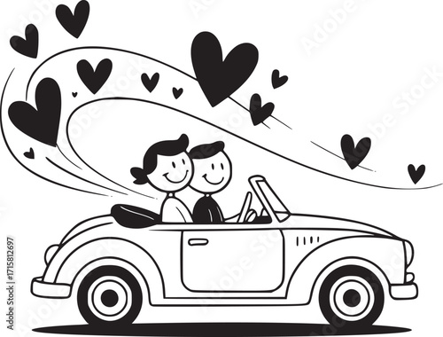 Driving in Love: A delightful illustration of a couple, radiating joy and affection, joyfully cruising in a vintage car, accompanied by a trail of charming hearts.