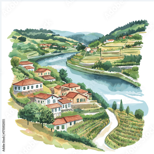 Douro Valley. Douro Valley watercolor vector illustration