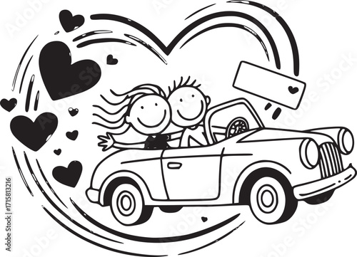 Love on Wheels: A cheerful couple embarks on a romantic adventure in a classic convertible, surrounded by hearts, representing the start of their journey and eternal love.