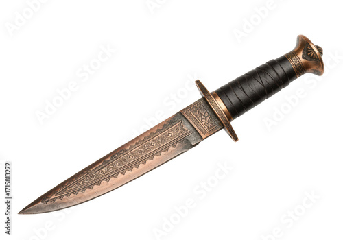 Isolated ornate dagger with a black leather wrapped handle with bronze accents and engraving