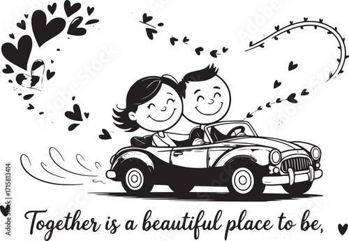 Together Journey of Love: Capturing the joy of a romantic getaway, an illustration depicts a loving couple embarking on a scenic drive, surrounded by a whimsical arrangement of hearts.