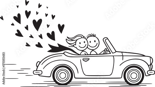 Love's Journey: A whimsical illustration depicts a loving couple joyfully driving off in a classic car, with hearts of love soaring in their wake, symbolizing togetherness, freedom.