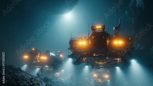Exploring an underwater cave with advanced submersibles in a dramatic, futuristic environment