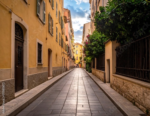 Fototapeta Naklejka Na Ścianę i Meble -  Narrow alleyway between pastel-colored buildings