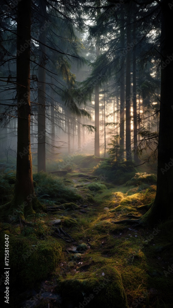 Fototapeta premium 朝の光が差し込む神秘的な森の風景。自然や癒しをテーマにした背景素材に最適な写真。