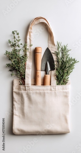 Light beige canvas tote bag, filled with gardening tools and herbs