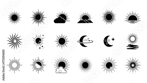 Black Silhouette 18 Icon Set - Sun, Sunshine, Solar Glow, Sunrise, Sunset Vector Collection