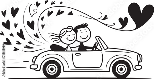Wedding Car of Love: A charming illustration captures the bliss of a newly married couple in a classic car, surrounded by floating hearts that emanate love and joy.