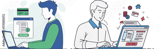 Digital Financial Management and Online Bill Payment by Men on Laptop Computers