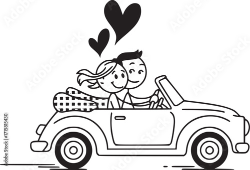 Romantic Road Trip : A loving couple, embracing the open road and each other, drive a classic convertible with hearts, signifying the journey of love and shared dreams.