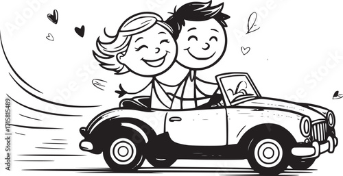 Love's Journey in a Convertible: A hand-drawn depiction of a happy couple enjoying a ride in a classic convertible, with hearts and joy trailing behind them.