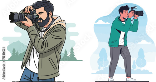 Male Photographers Capturing Outdoor Landscapes with DSLR Cameras Vector Illustration