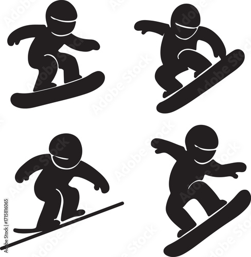 Freestyle Snowboarder Silhouettes Performing Air Tricks — Minimalist Black and White Vector Set
