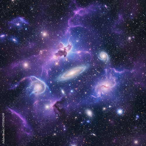 Stunning deep space scene with multiple glowing galaxies, vibrant nebulae, and countless stars in shades of purple and blue, showcasing the vast beauty of the universe.