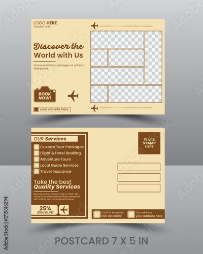 professional modern travel agency postcard design, with luxury color and vibes 