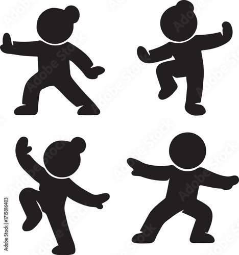 Tai Chi Silhouettes in Calm Poses — Minimalist Black and White Vector Set for Balance and Movement