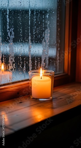 Cozy autumn or winter scene with a lit candle glowing warmly on a rustic wooden windowsill, seen through a window covered in raindrops, creating a peaceful and contemplative mood.