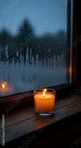 Intimate evening shot of a single lit candle in a glass holder on a wooden sill, illuminated by the glow of the flame, with a blurred rainy window and dark landscape outside.