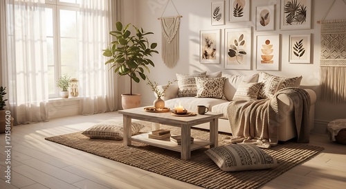 Bright and inviting bohemian living room interior with a comfortable white sofa, patterned pillows, potted plants, macrame wall decor, and framed art, bathed in warm sunlight.