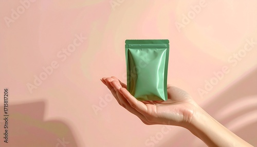 Mock up a green sachet, placed against a minimal pastel background