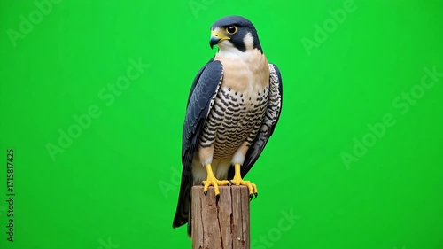 Majestic Peregrine falcon perched on a wooden post, ready for flight against a vibrant green screen background, symbolizing freedom and power.
