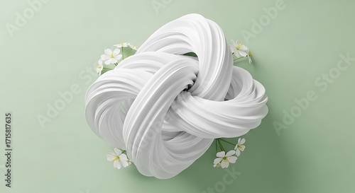Abstract white, wavy, intertwined sculptural form creating an intricate knot, surrounded by delicate white blossoms, all presented on a serene sage green background.