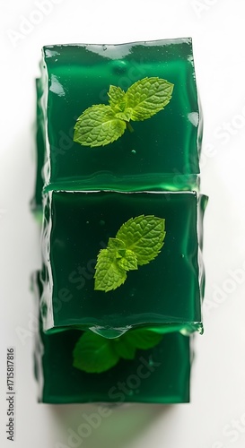 Vertical composition of three luminous green jelly cubes, each featuring a vibrant mint sprig embedded within, stacked neatly on a clean white surface, highlighting natural freshness.