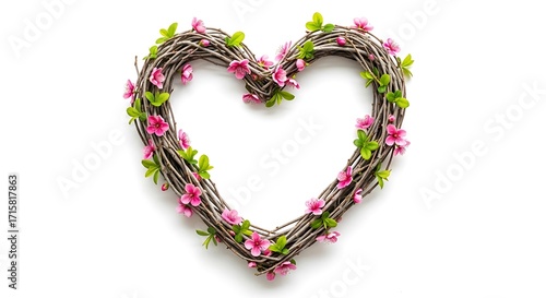 Beautiful heart-shaped wreath crafted from intertwined twigs, adorned with delicate pink blossoms and fresh green leaves, symbolizing natural love and rustic charm on white.