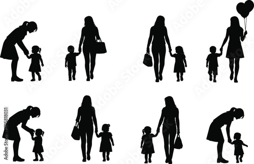Parent child silhouette, black and white, adult with children, walking, talking, holding hands, family bond, care, love, parenting, guardian, relationship, emotional, vector art