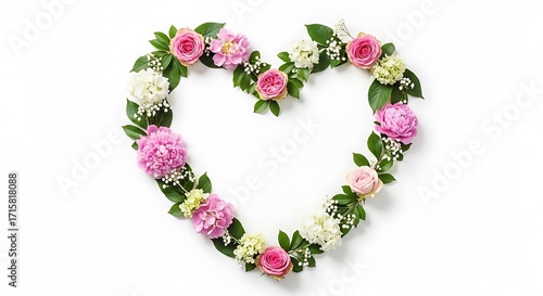 Exquisite heart-shaped floral arrangement featuring a delicate mix of pink roses, white peonies, and lush green foliage, artfully placed on a pristine white background.