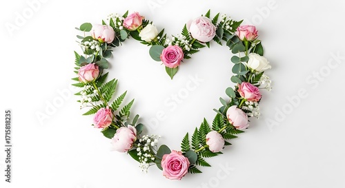 Stunning heart outline created with a harmonious blend of pink roses, white flowers, and various green leaves, arranged beautifully on a clean white surface for a romantic and natural feel.