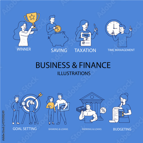 Business, finance, marketing set. Characters calculating taxes, planning work time, setting a goal and doing other financial activities. Vector illustration.