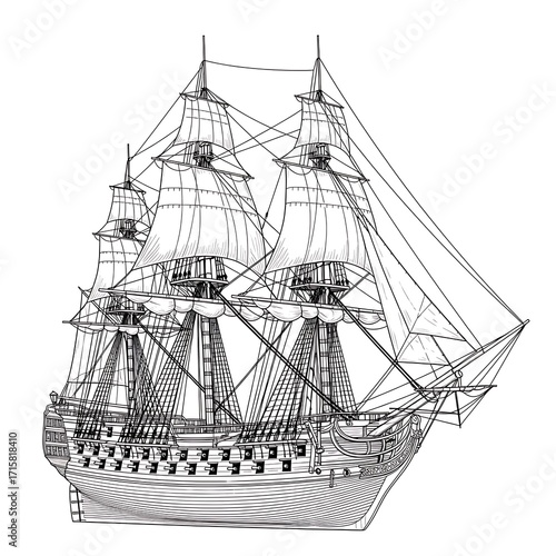 Intricate black and white line art drawing of a grand historical sailing ship with unfurled sails and elaborate rigging, rendered with precise detail in a traditional engraving style.