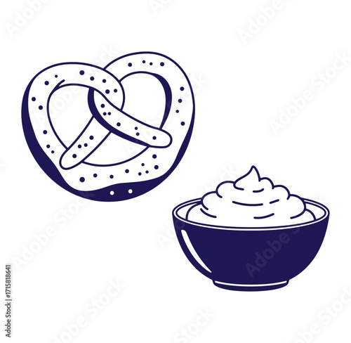 Delicious pretzel with creamy dip illustration in a modern and minimalistic vector style