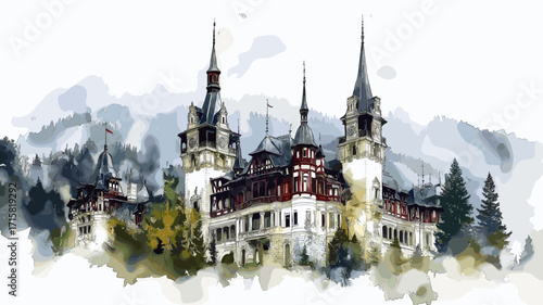 Peles Castle. Peles Castle watercolor vector illustration