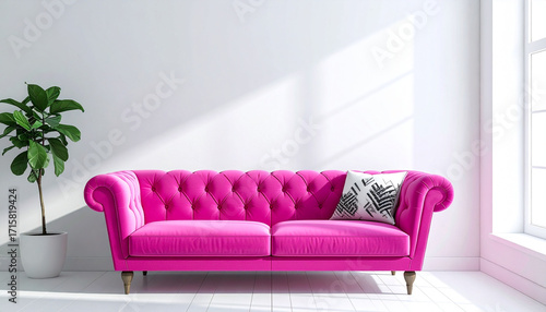 Modern Living Room with a Tufted Pink Sofa and Plant