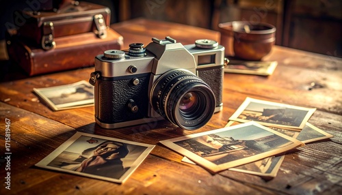 A film camera resting on scattered memories