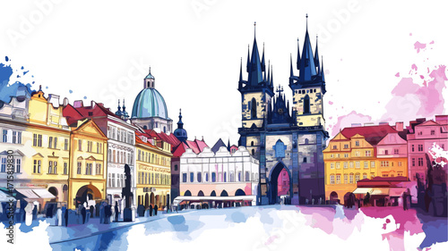 Old Town Square in Prague. Old Town Square in Prague watercolor vector illustration