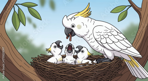 A loving cockatoo parent feeds its three hungry chicks in their cozy nest on a tree branch.