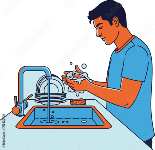 Illustration of a Man Washing Hands with Soap in a Kitchen Sink