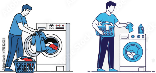 Stylized Illustration of Man Doing Laundry, Loading Clothes into a Washing Machine