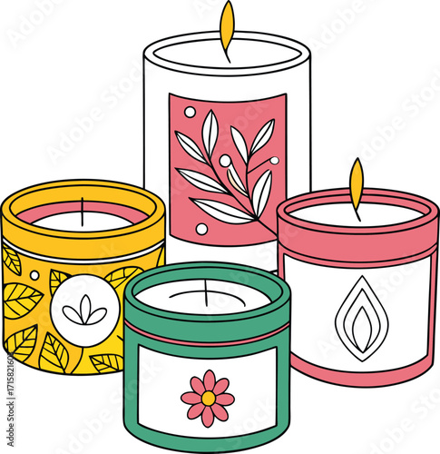 Collection of assorted aromatherapy candles with decorative elements and subtle backgrounds