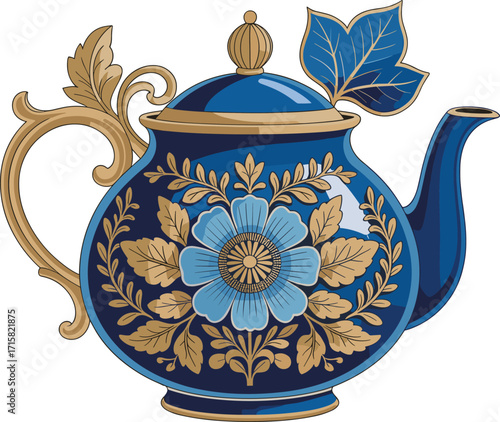 Ornate porcelain teapot with golden floral decoration, luxury vintage ceramic tea pot design in blue and gold, CAD drawing flat vector illustration